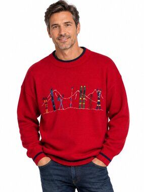 NWT NAUTICA MEN'S Red Embroidered Ski Crew Neck Sweater - M